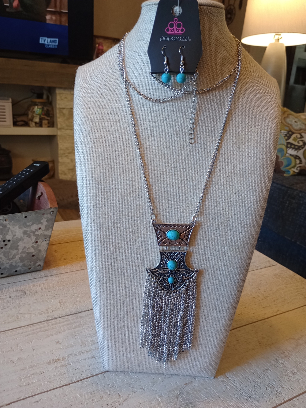 paparazzi Silver-Tone Turquoise Accent Layered Fringe Necklace & Earrings